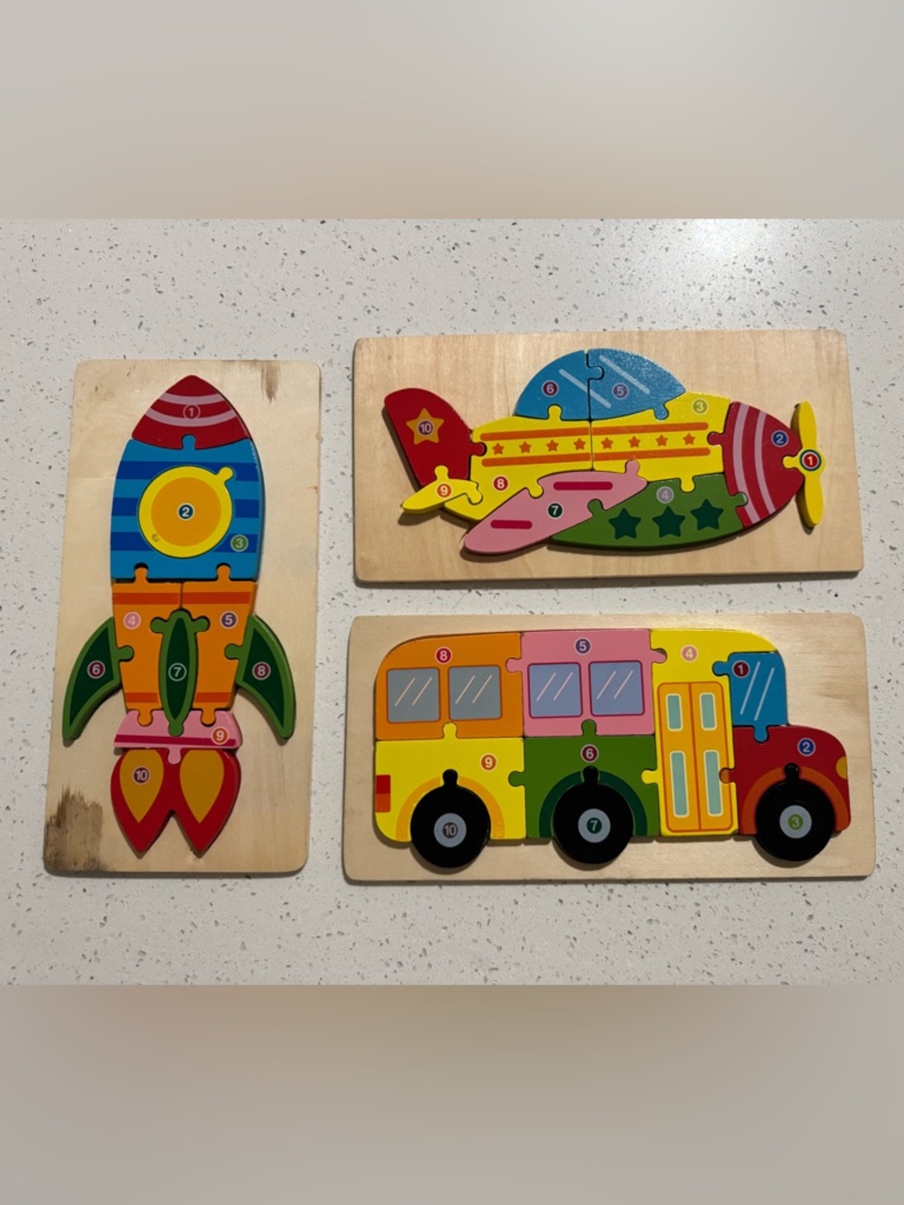 Wooden Bus, Airplane and Rocket Puzzle Set - Multicolor Kids Toy